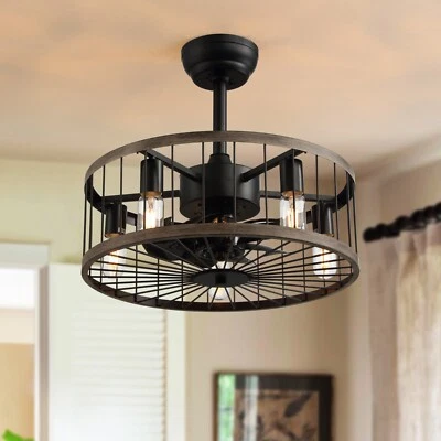 Ventilador de techo rústico enjaulado de 20" con luz y ventilador de araña remoto de granja Foto 1 de 4