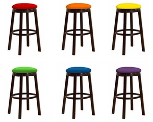 BAR STOOL ESPRESSO WOOD  24" OR 28" WITH COLORFUL VINYL SEAT CUSHION  - Picture 1 of 28