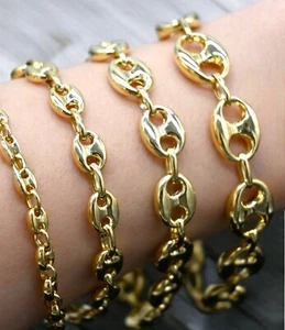 14K Real Gold-Puffed Mariner Anchor Link Chain Bracelet-Puffed Real Yellow Gold - Picture 1 of 12