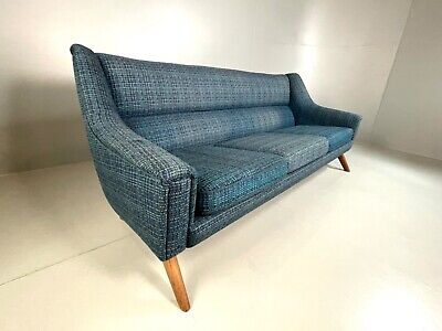EB4054 Danish Mid Century Blue Woollen Woven 3 Seater Sofa, Vintage, MCM, Retro • 650£