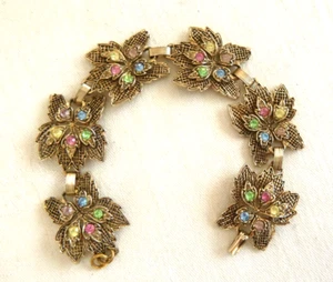 1940's Vntg 7.5" 'Fruit Salad' Rhinestone Bracelet Openwork Hatched Leaf Design - Picture 1 of 3