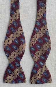 Vintage Kenneth Cole Bow Tie Maroon, Gold, Blue Geometric Stripe Self-Tie 2.5" - Picture 1 of 11