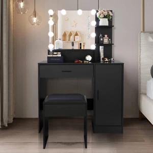 Large Makeup Vanity Set with Bulbs Cushioned Stool Storage Shelves - Picture 1 of 12