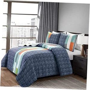 Shelly Stripe Quilt | Modern Geometric Pattern Reversible 2 Twin Navy & Orange - Picture 1 of 7