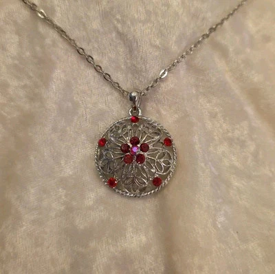 Red Stones Pendant Rhodium Plated, Nickel Free Necklace, Chain 18-20" - Image 1 of 4