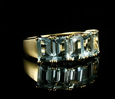 14K Yellow Gold Plated 3TCW Emerald Cut Lab-Created Aquamarine Wedding Band Ring - Image 1 of 4
