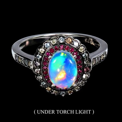 Anillo de plata esterlina 925 ovalado ópalo de fuego rubí zafiro de Myanmar piedras preciosas joyería 8 Foto 1 de 4