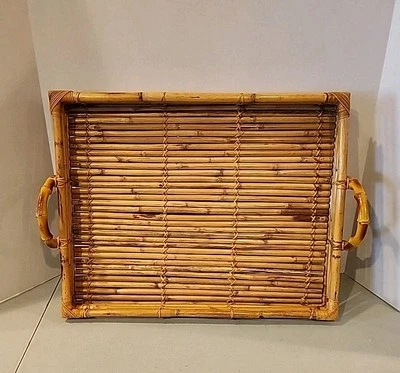Bamboo Serving Tray Pencil Rattan Tiki W/ Handles MCM Vintage 21”x 16”x2” - Image 1 of 4