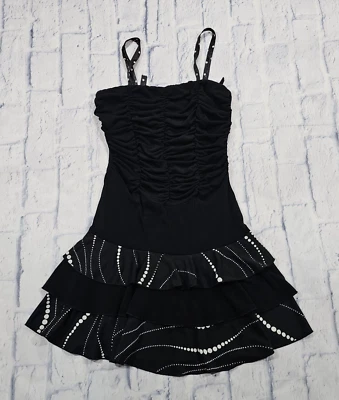 Jodi Kristopher 女式小号黑色褶边弹力连衣裙复古美国制造 — 第 1/4 张图片