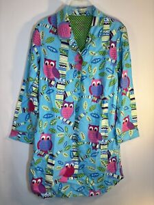 Nick & Nora Blue Green Purple Owls Flannel Nightgown Sleep Shirt Size M 