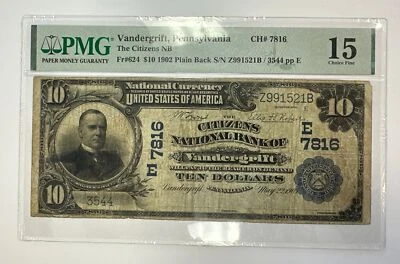 1902 $10 Citizens National Bank Vandergrift, PA FR 624 CH7816 PMG F15 - Image 1 of 4