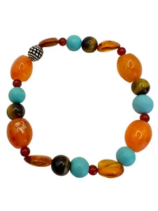Carnelian Tiger's Eye Faux Turquoise Sterling Silver Beaded Stretch Bracelet - Picture 1 of 8