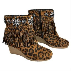 Joan Boyce Leopard Ankle Boots Braided Fringe Jeweled Wedge Heel Side Zip 9.5W - Picture 1 of 12