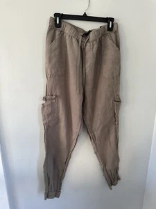 Nicole Miller 100% Linen Cargo Jogger Pants Green Size Large Pull On Drawstring - Picture 1 of 6