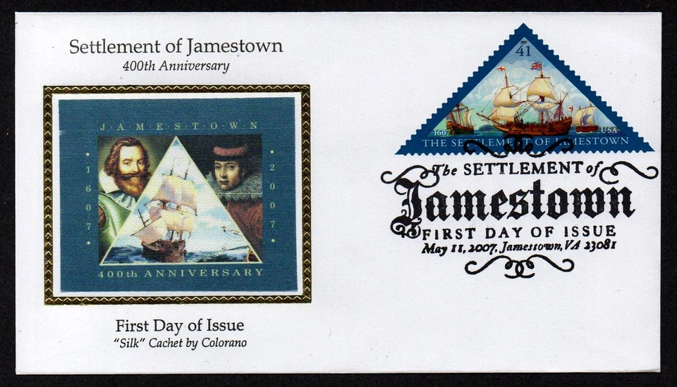 USA, SCOTT # 4136, COLORANO SILK FDC COVER OF 2007 JAMESTOWN SETTLEMENT, SHIPS - Image 1 of 1