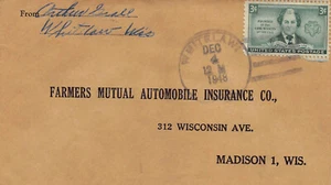Wisconsin Cover 1948 WHITELAW to Farmers Mutual Auto Ins Madison -Grall - Picture 1 of 3