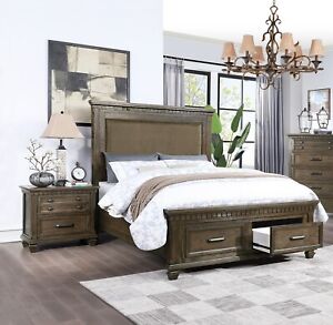 Contemporary 3pc Est King Size Bed Drawers 2xNightstands Set Fabric Headboard