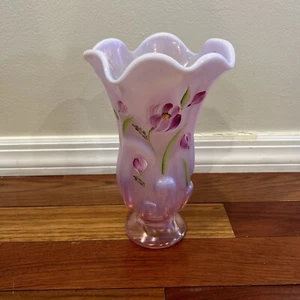 Fenton Hand painted FLORAL Pink Tulip Opalescent VASE 100th Anniversary Signed - Picture 1 of 13