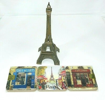 Paris Eiffel Tower Metal 9" Statue Model Souvenir Decor & Taiclet Coasters New - Image 1 of 4