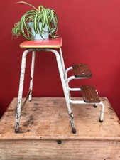 Vintage Retro Metal Tubular Industrial Folding Steps Wooden Stool Distressed