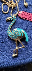 New Betsey Johnson Necklace Flamingo Ick Blue Tropical Florida Collectible Nice - Picture 1 of 3