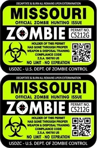 ProSticker 1235 (Two) 3"x 4" Missouri Zombie Hunting License Decals Stickers - Picture 1 of 1