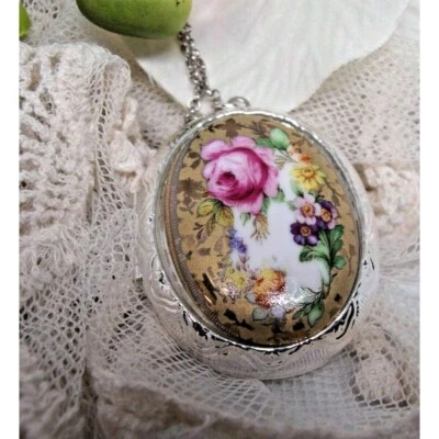 WIFE MOM Porcelain China Jewelry Rose Wedding Keepsake Locket Necklace Pendant - Image 1 of 4