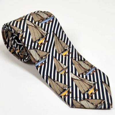 Corbata Lands End Direct Merchant 100 % seda para hombre veleros a rayas azules cosidos a mano EE. UU. Foto 1 de 4