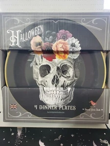 Gothic 10.5” Dinner Plates Porcelain Skull Floral Black Set of 4 - Picture 1 of 4