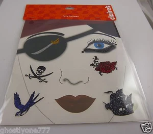 Face tattoos body art skin Halloween pirate skulls ship gothic glitter red goth - Picture 1 of 1