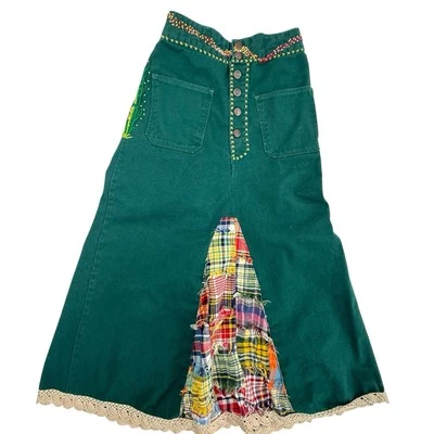 Falda Midi Vintage Años 70 Patchwork Denim Bordada Acolchada A Cuadros Verde XS Boho Foto 1 de 4