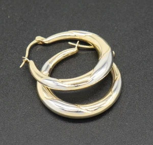 Vintage 14K Yellow & White Gold Two Tone 1 1/8" Pair Hoop Pierced Earrings - Picture 1 of 12