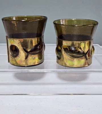 2 Felipe Derflingher Amber Caged, Imprisoned Old Fashioned Glasses Fish & Bubble - Image 1 of 4