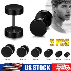 2x Black Stud Earrings Men Women Faux Gauges Ear Tunnel Stainless Steel Earrings - Picture 1 of 15