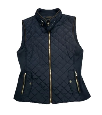 Colete acolchoado feminino Zara tamanho grande azul marinho zíper completo bolsos simulado fivela pescoço - Imagem 1 de 4