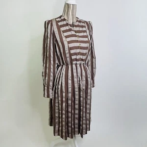 Vintage OG Nina Striped Babydoll Long Sleeve Metallic Pleated Dress M Women - Picture 1 of 9