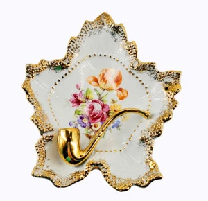 Porcelain Ashtray Leaf Shape Figural Pipe Floral Gold Trim Germany Pipe Rest VTG - Picture 1 of 6