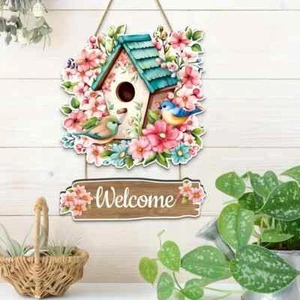 WOODEN WELCOME SIGN FLORAL BIRDS NEST COUNTRY COTTAGE STYLE DOOR HANGER PLAQUE - Picture 1 of 7