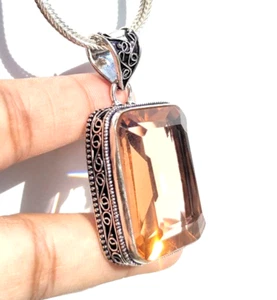 Colgante de joyería étnica hecha a mano de plata de ley 925 con piedras preciosas de morganita de 2,10" - Imagen 1 de 13