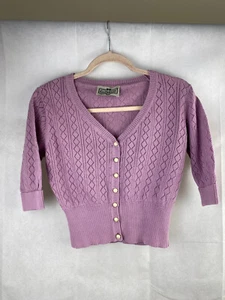 Collectif Cardigan Size S UK 10 Linda Retro 60s Pointelle Knit Lilac - Picture 1 of 10