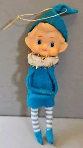 VTG Elf Pixie Christmas Tree Ornament Teal Striped Stockings 5"T Mid-Century - Picture 1 of 7