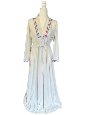 JCPenny Robe Soft Nylon Ivory Robe Nightgown Size M Vintage Blue & Fuchsia Long - Image 1 of 4