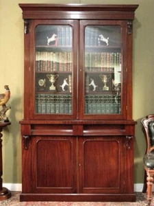 ANTIQUE MAHOGANY 2 HEIGHT 4 DOOR BOOKCASE / DISPLAY / STORAGE CABINET c1880s - Picture 1 of 13