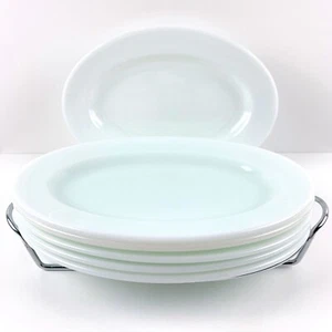 Vintage Fire King Restaurant Ware Oval Plates Greenish White x 6 with Stand - Picture 1 of 11