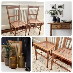 Pair Of Original Edwardian Solid Oak Bergere Chairs - Hallway, Bedroom Bedside? - Picture 1 of 11