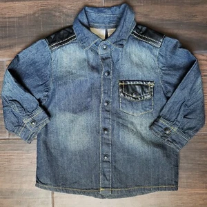 Kardashian Kids Baby Sz 6M Distressed Denim Long Sleeve Button-up Shirt Leather - Picture 1 of 7