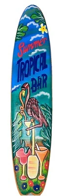 39” FLAMINGO AND DRINKS HAND CARVED TROPICAL SIGN WALL HANGING ART HOME DECOR - Image 1 of 2