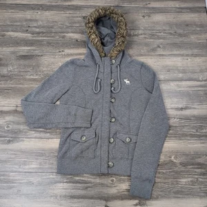 90's Y2K Abercrombie Hoodie Medium Fur Moose Gray Button Sweatshirt Jacket Bella - Picture 1 of 16