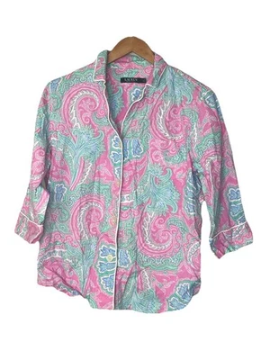 Top de pijama de cachemira para mujer Lauren Ralph Lauren rosa azul con botones talla grande Foto 1 de 4