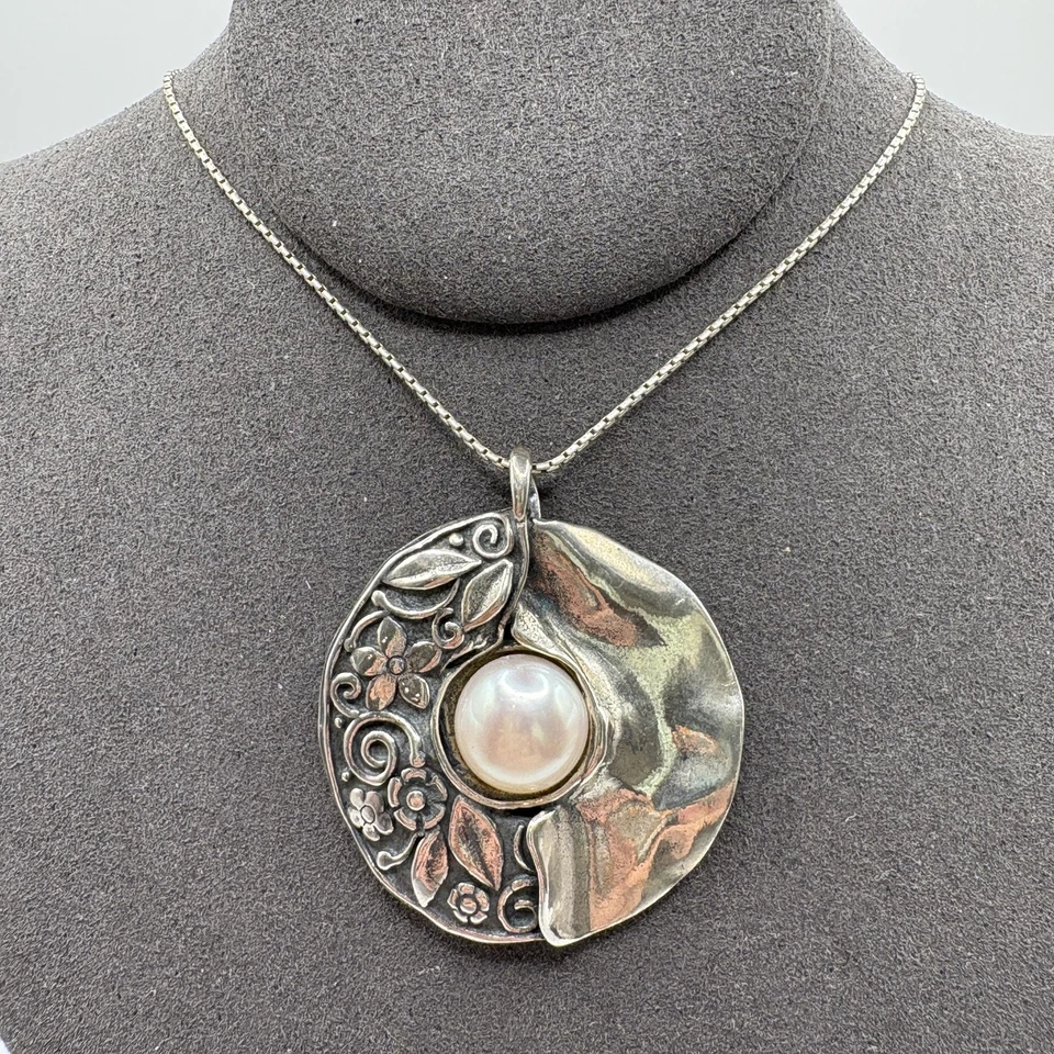 Collar colgante de perlas redondas de plata de ley 925 Israel Didae Shablool cadena de 16" Foto 1 de 4